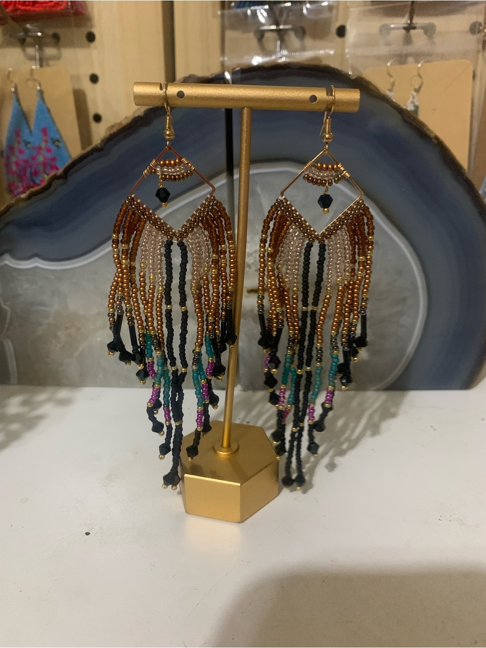 Handmade Beaded Fringe Earrings - Gold and Black with Teal & Purple Accents